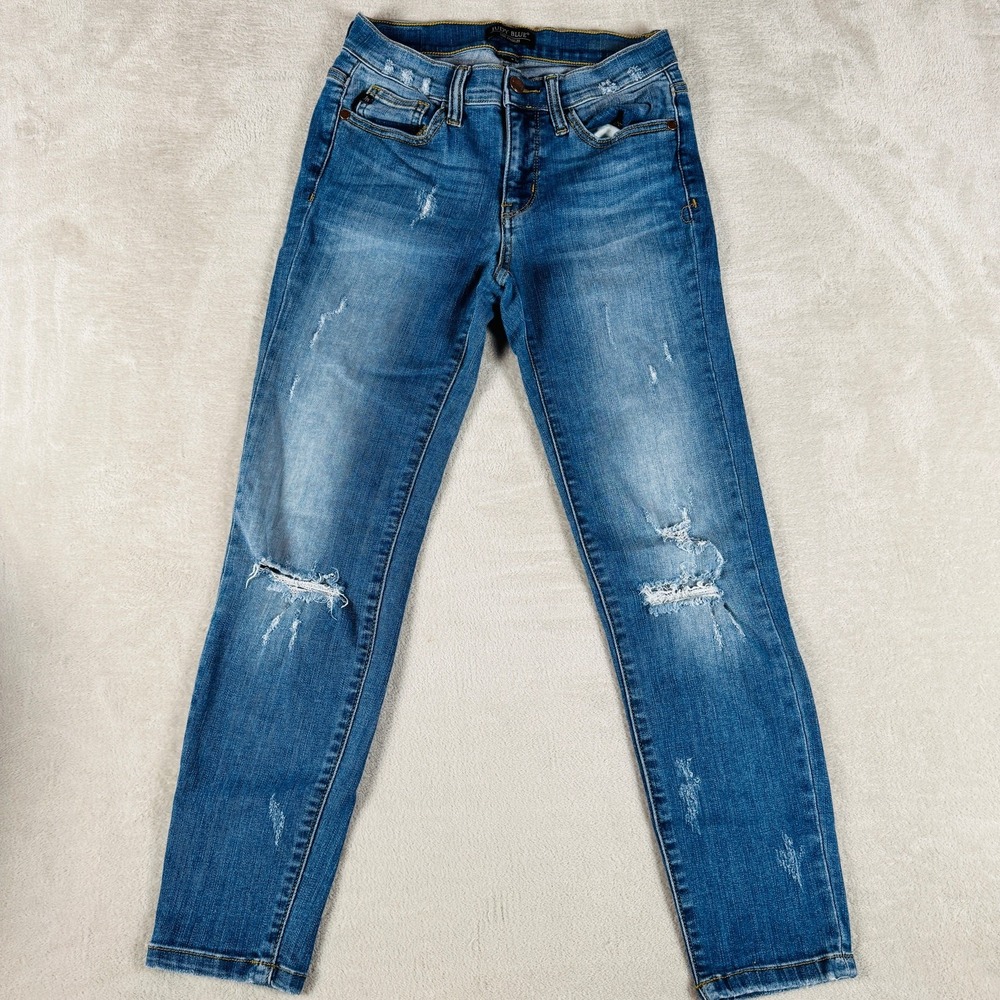 Judy Blue Jeans Women 5/27 Blue Denim Adeline Mid Rise Distressed Stretch Medium